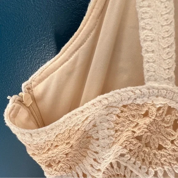 Zara Medium White and Tan Crochet Mini Summer | Boho Dress - Picture 8 of 9